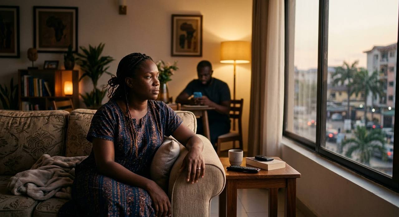Nigerian woman sitting quietly in living room